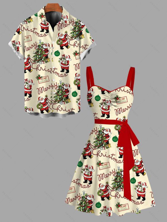 Vintage Couple Outfit Christmas Tree Santa Claus Print Belt Dress and Shirt Set - Jaune clair S | US 4
