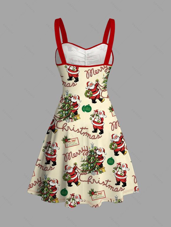 Vintage Couple Outfit Christmas Tree Santa Claus Print Belt Dress and Shirt Set - Jaune clair S | US 4