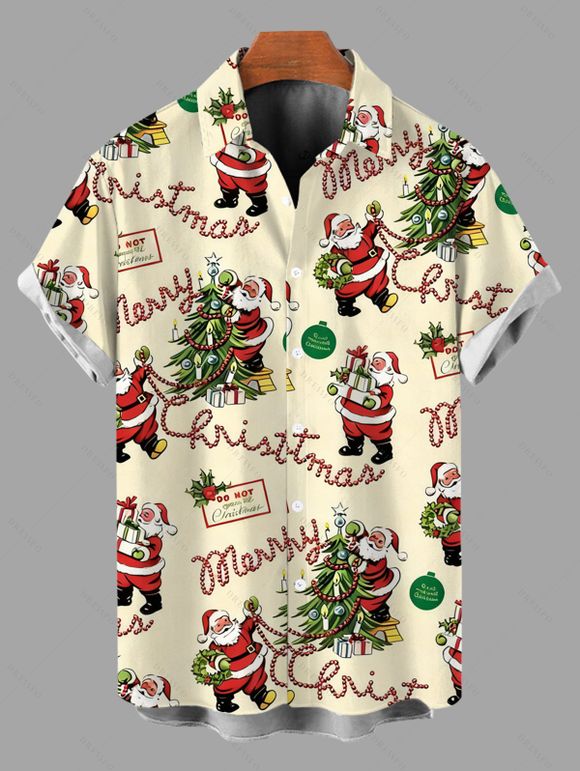 Vintage Couple Outfit Christmas Tree Santa Claus Print Belt Dress and Shirt Set - Jaune clair S | US 4