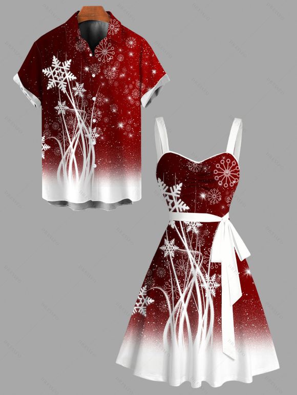 Christmas Couple Outfit Snowflake Print Ombre Belt Dress and Shirt Set - Rouge foncé S | US 4