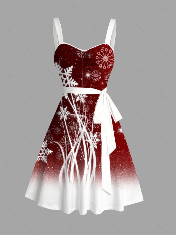 Christmas Couple Outfit Snowflake Print Ombre Belt Dress and Shirt Set - Rouge foncé S | US 4