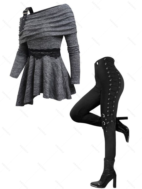 Women Outfit Buckle Strap Lace Panel Asymmetric Top and Leggings Set - Gris S | US 4