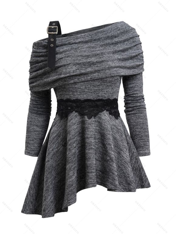 Women Outfit Buckle Strap Lace Panel Asymmetric Top and Leggings Set - Gris S | US 4