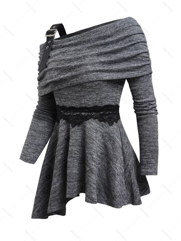 Women Outfit Buckle Strap Lace Panel Asymmetric Top and Leggings Set - Gris S | US 4