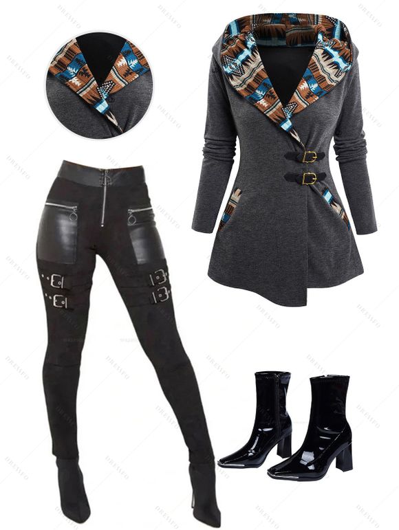 Women Outfit Tribal Print Patchwork Hooded Top Buckle Leggings and Boots Set - Gris S | US 4
