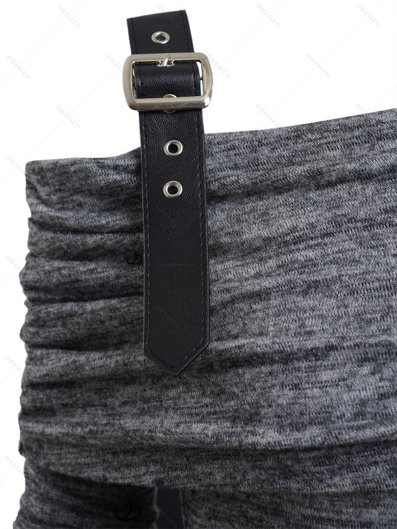 Women Outfit Buckle Strap Lace Panel Asymmetric Top and Leggings Set - Gris S | US 4