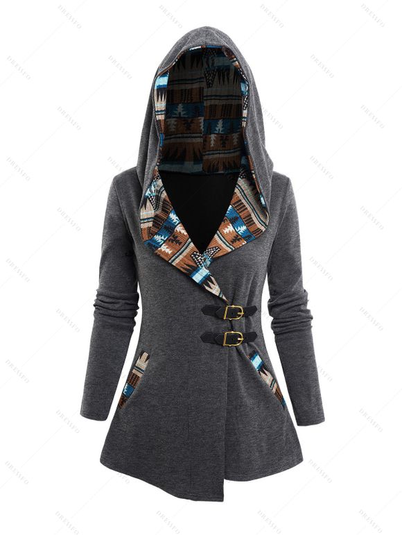 Women Outfit Tribal Print Patchwork Hooded Top Buckle Leggings and Boots Set - Gris S | US 4