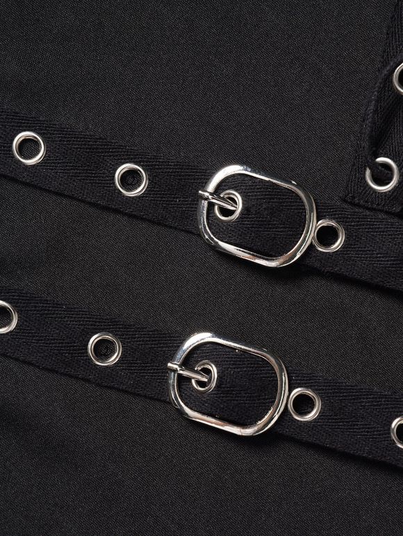 Women Outfit Buckle Strap Lace Panel Asymmetric Top and Leggings Set - Gris S | US 4