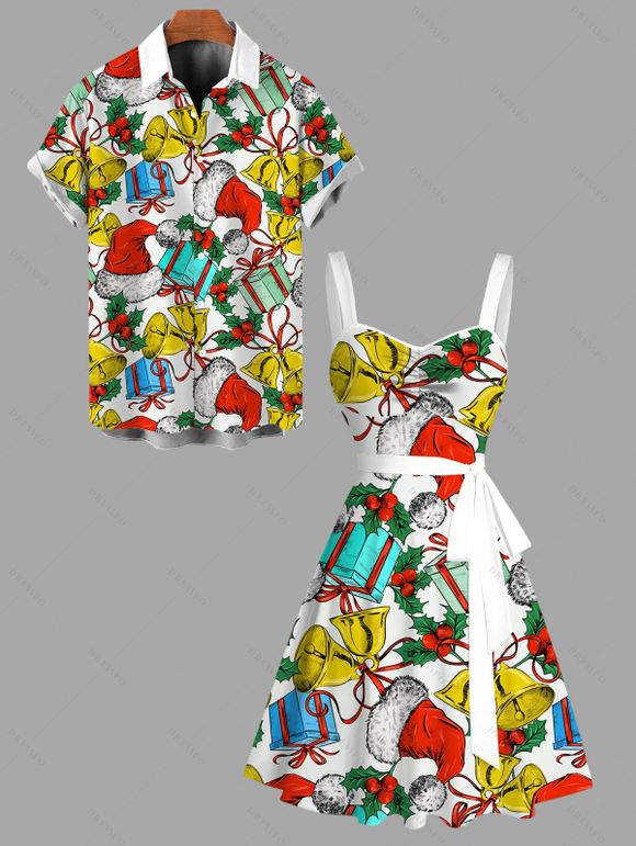 Holiday Couple Outfit Christmas Hat Bell Gift Print Belt Dress and Shirt Set - multicolor S | US 4