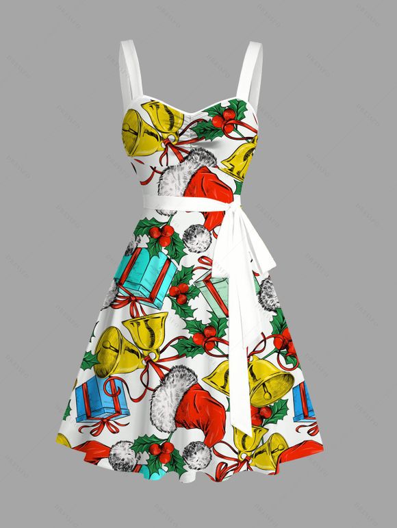 Holiday Couple Outfit Christmas Hat Bell Gift Print Belt Dress and Shirt Set - multicolor S | US 4