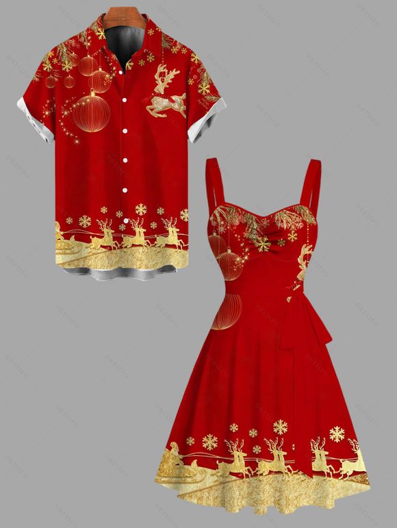 Christmas Couple Outfit Elk Snowflake Lantern Print Belt Dress and Shirt Set - Rouge S | US 4