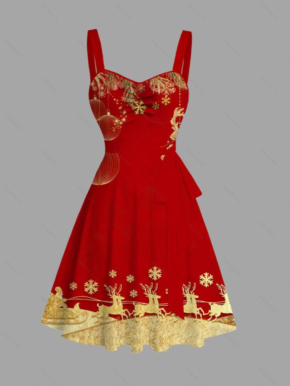 Christmas Couple Outfit Elk Snowflake Lantern Print Belt Dress and Shirt Set - Rouge S | US 4