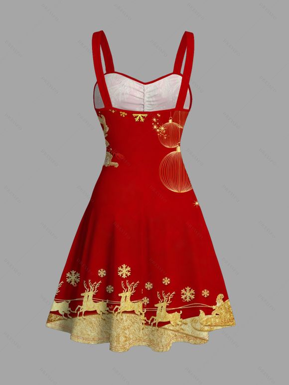 Robe de Noël imprimée de lanternes, de flocons de neige et d'élans, avec ceinture froncée - Rouge XXXXXL | US 20