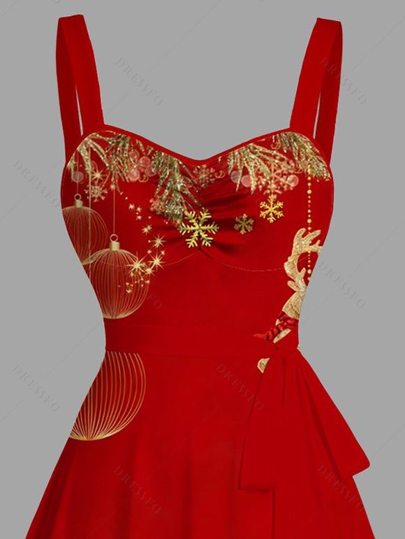 Robe de Noël imprimée de lanternes, de flocons de neige et d'élans, avec ceinture froncée - Rouge XXXXXL | US 20