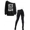 Gothic Women Outfit Skull Letter Print Skew Neck Sweatshirt and Leggings Set - Noir S | US 4
