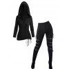 Women Outfit Lace Up Grommet Cinched Hoodie Top and Leggings Set - Noir S | US 4