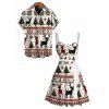 Holiday Couple Outfit Elk Christmas Tree Snowflake Print Belt Dress and Shirt Set - Blanc S | US 4