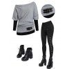 Women Outfit Colorblock Buckle Top Snap Button Leggings and Boots Set - Gris Clair S | US 4