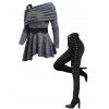 Women Outfit Buckle Strap Lace Panel Asymmetric Top and Leggings Set - Gris S | US 4
