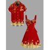 Christmas Couple Outfit Elk Snowflake Lantern Print Belt Dress and Shirt Set - Rouge S | US 4