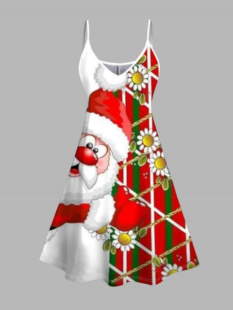 Robe de Noël Père Noël à rayures et imprimé floral, bretelles spaghetti