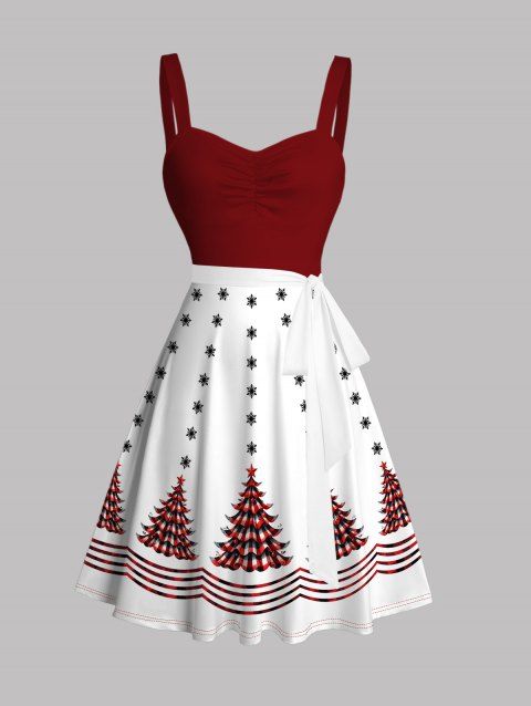 Robe de fête à imprimé sapin de Noël et flocons de neige colorblock avec ceinture