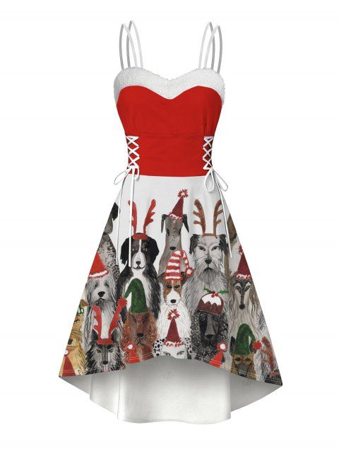 Robe de Noël Colorblock à imprimé chien et élan, en fausse fourrure, asymétrique