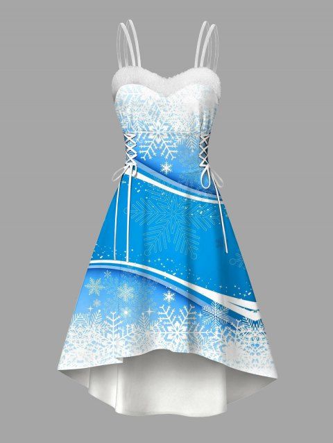Robe de Noël à imprimé flocons de neige ombré, en fausse fourrure, asymétrique