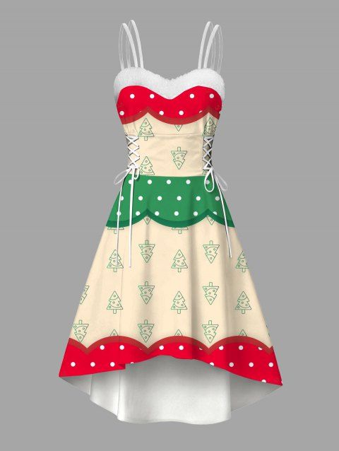 Robe de fête à pois et imprimé sapin de Noël colorblock, en fausse fourrure, asymétrique