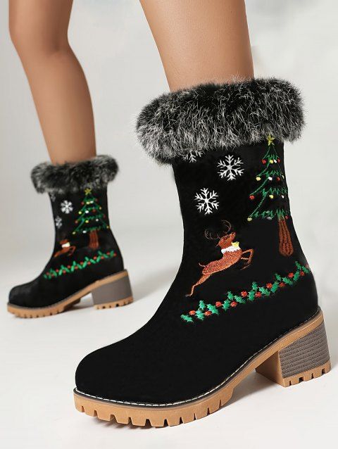 Embroideried Christmas Tree Elk Snowflake Faux Fur Chunky Heel Boots
