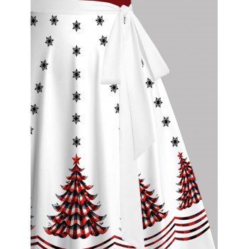 Holiday Dress Colorblock Christmas Tree Snowflake Print Belt Dress