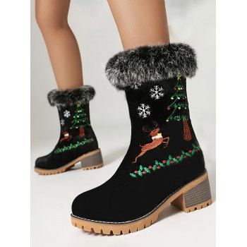 Embroideried Christmas Tree Elk Snowflake Faux Fur Chunky Heel Boots