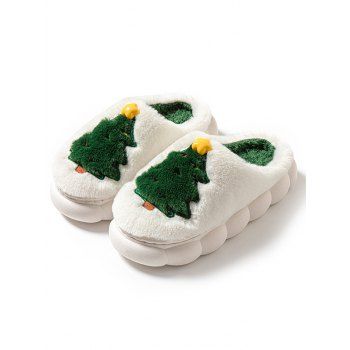 Christmas Tree Print Faux Fur Thick Platform Colorblock Slippers