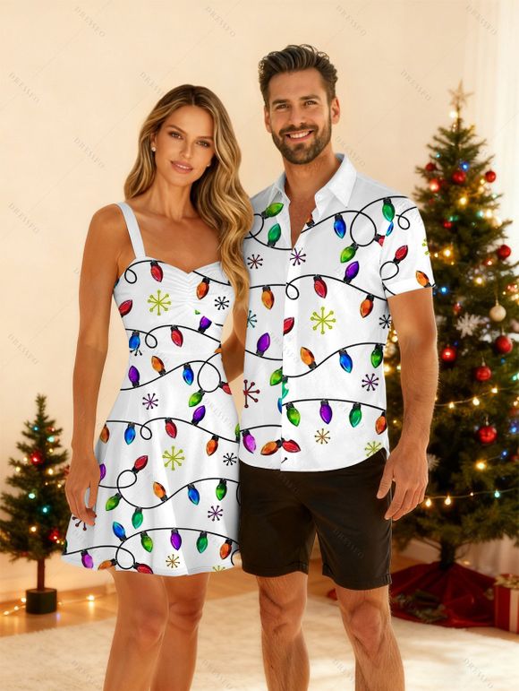 Christmas Couple Outfit Snowflake Lightning Chains Print Dress and Shirt Set - Blanc S | US 4