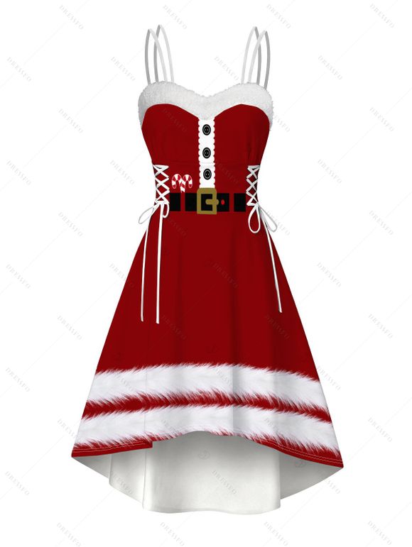 Robe de Noël imprimée canne à sucre 3D en fausse fourrure, asymétrique - Rouge Vineux XXL | US 14