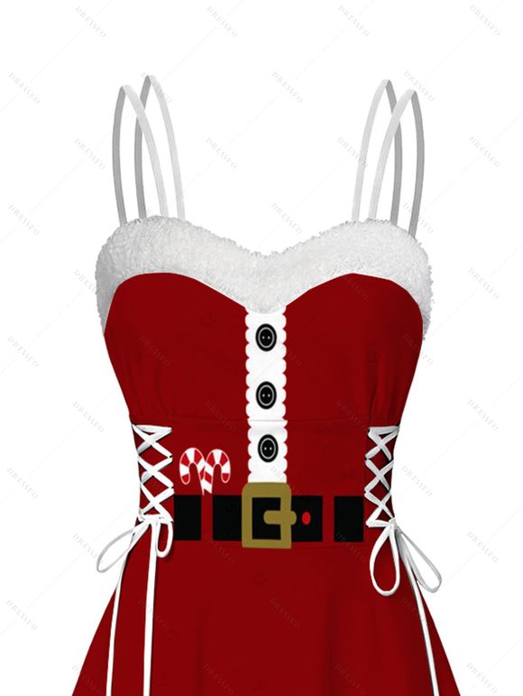 Robe de Noël imprimée canne à sucre 3D en fausse fourrure, asymétrique - Rouge Vineux XXL | US 14