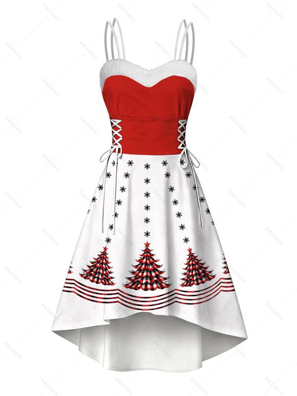 Robe de fête imprimée sapin de Noël et flocons de neige, colorblock, fausse fourrure, asymétrique - Rouge XXL | US 14
