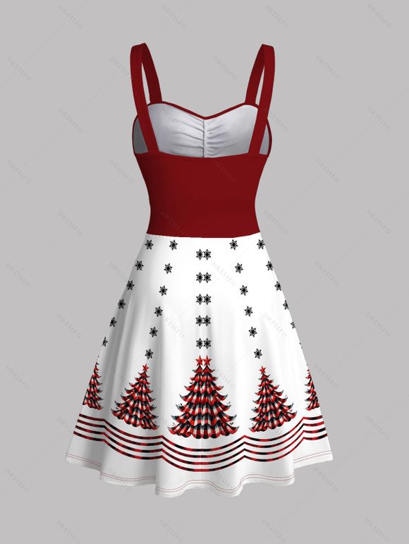 Robe de fête à imprimé sapin de Noël et flocons de neige colorblock avec ceinture - Rouge Vineux XXXXXL | US 20