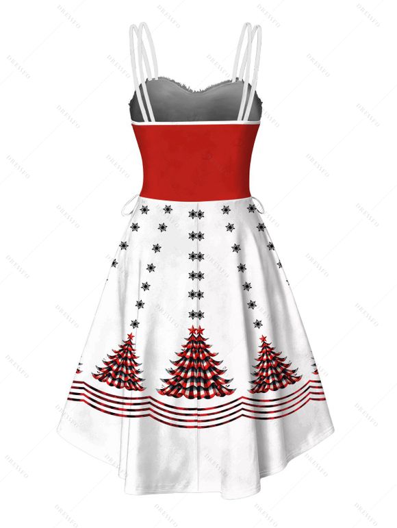 Robe de fête imprimée sapin de Noël et flocons de neige, colorblock, fausse fourrure, asymétrique - Rouge XXL | US 14