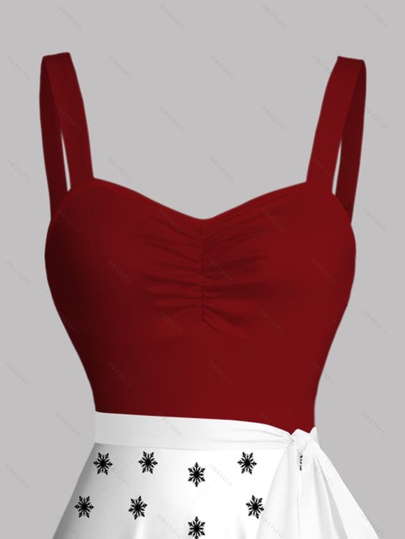Robe de fête à imprimé sapin de Noël et flocons de neige colorblock avec ceinture - Rouge Vineux XXXXXL | US 20