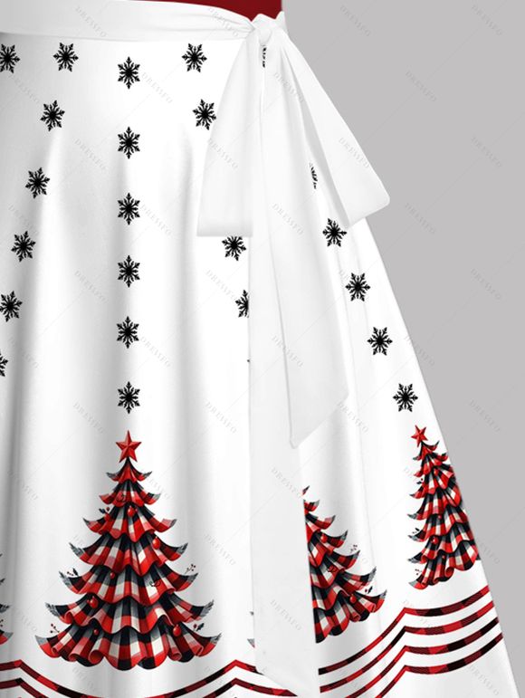 Robe de fête à imprimé sapin de Noël et flocons de neige colorblock avec ceinture - Rouge Vineux XXXXXL | US 20