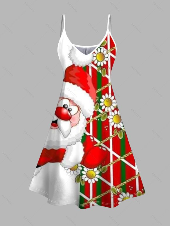 Robe de Noël Père Noël à rayures et imprimé floral, bretelles spaghetti - Rouge XXXXXL | US 20