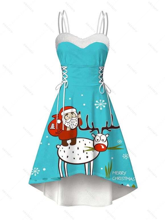 Robe de Noël Père Noël et renne imprimé renne en fausse fourrure à double bretelle asymétrique - Bleu Toile de Jean XXL | US 14