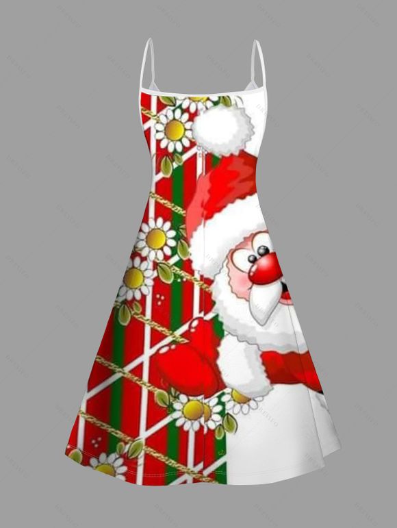 Robe de Noël Père Noël à rayures et imprimé floral, bretelles spaghetti - Rouge XXXXXL | US 20