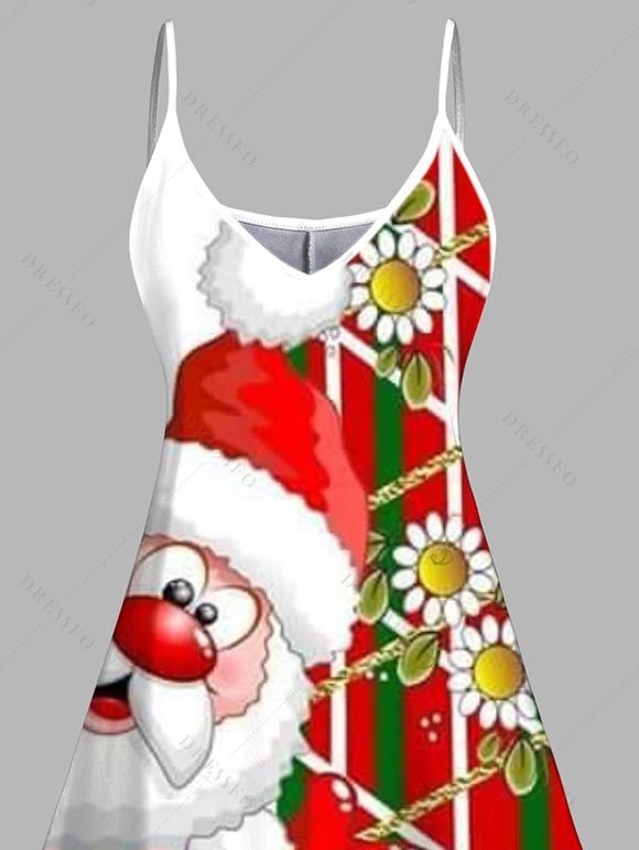 Robe de Noël Père Noël à rayures et imprimé floral, bretelles spaghetti - Rouge XXXXXL | US 20