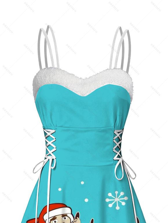 Robe de Noël Père Noël et renne imprimé renne en fausse fourrure à double bretelle asymétrique - Bleu Toile de Jean XXL | US 14