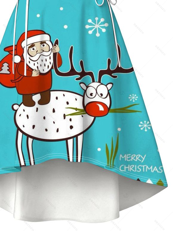 Robe de Noël Père Noël et renne imprimé renne en fausse fourrure à double bretelle asymétrique - Bleu Toile de Jean XXL | US 14