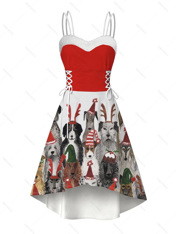 Robe de Noël Colorblock à imprimé chien et élan, en fausse fourrure, asymétrique - Rouge XXL | US 14