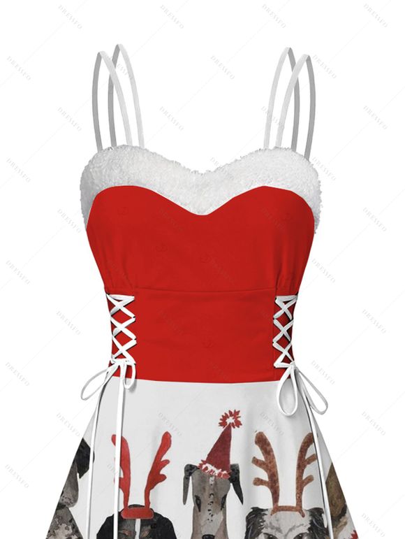Robe de Noël Colorblock à imprimé chien et élan, en fausse fourrure, asymétrique - Rouge XXL | US 14
