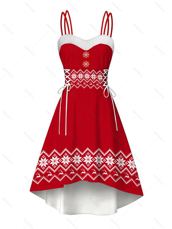 Robe de Noël à imprimé flocons de neige en zigzag, en fausse fourrure, asymétrique - Rouge XXL | US 14